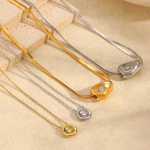 European American Minimalist <b>Titanium</b> Steel Necklace Women Irregular Oval Pendant 18K Gold Plated Bezel Setting Clavicle <b>Chain</b> - Product Image 1