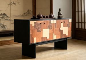 Premium Mixed Wood Patchwork <b>Sideboard</b> 4-Door Abstract Art Design Large <b>Storage</b> Modern Credenza For Living Room Dining Room - Product Image 3