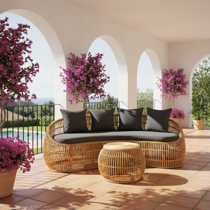 Contemporary PE Wicker Outdoor Sofa Set with <b>Round</b> Coffee <b>Table</b> and Ottoman Luxury <b>Patio</b> Furniture for Resort Villa Garden - Product Image 1