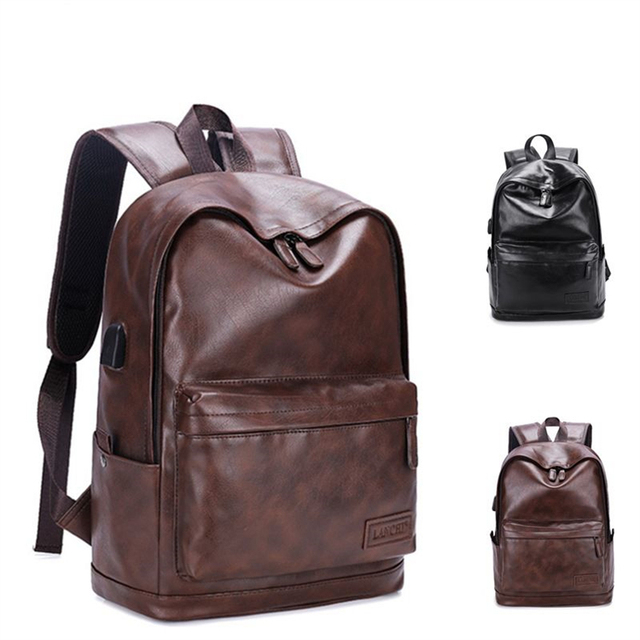 Black Student Business Travel Pu Leather Smart Laptop Bag Slim Men Waterproof Backpack Wholesale