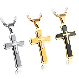 Kalung Liontin Salib Baja Titanium, Perhiasan Rantai Salib Tiga Lapis untuk Pria, Remaja Laki-laki