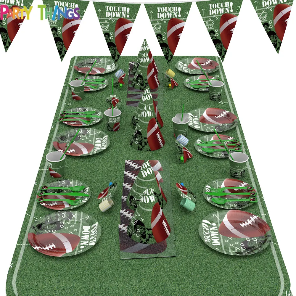 Decoraciones de fiesta con temática de Rugby, vajilla de fiesta de cumpleaños, platos de vasos de papel, servilletas, manteles, sombreros, venta al por mayor de fábrica