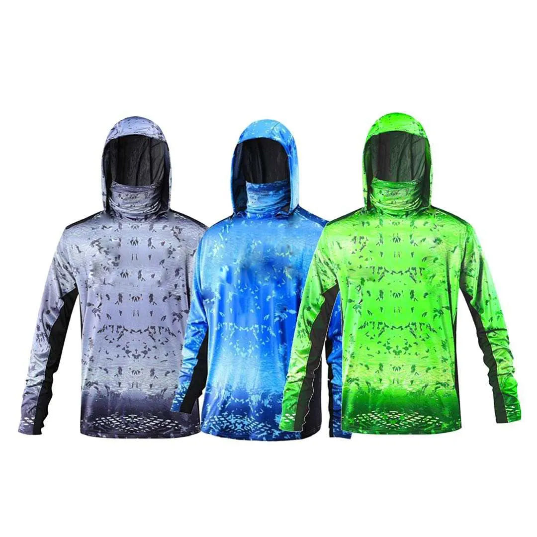 Vente en gros logo personnalisé 100% polyester à séchage rapide UPF50 + chemises à capuche pour hommes à manches longues randonnée pêche avec cache-cou