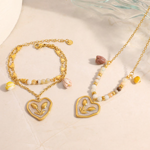 Stainless Steel Heart Necklace <b>Set</b> 18k Gold Plated <b>Beaded</b> Chain Retro Style Jewelry For Women - Product Image 4