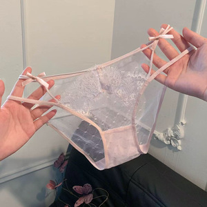 Culotte transparente sexy pour femme en dentelle à pois roses, à double fines bretelles, avec nœud décoratif, taille mi-haute, respirante - Product Image 1