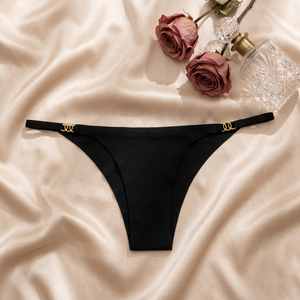 Women's Low Rise Black <b>Seamless</b> <b>Thong</b> Panty with Gold Logo Waistband Ultra Thin Knitted Underwear Solid Color Sexy Panties - Product Image 2
