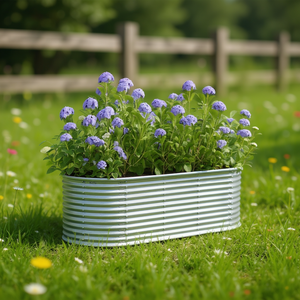 Jardinera elevada mediana de acero con recubrimiento en polvo plateado, elíptica, para flores y plantas verdes - Product Image 2