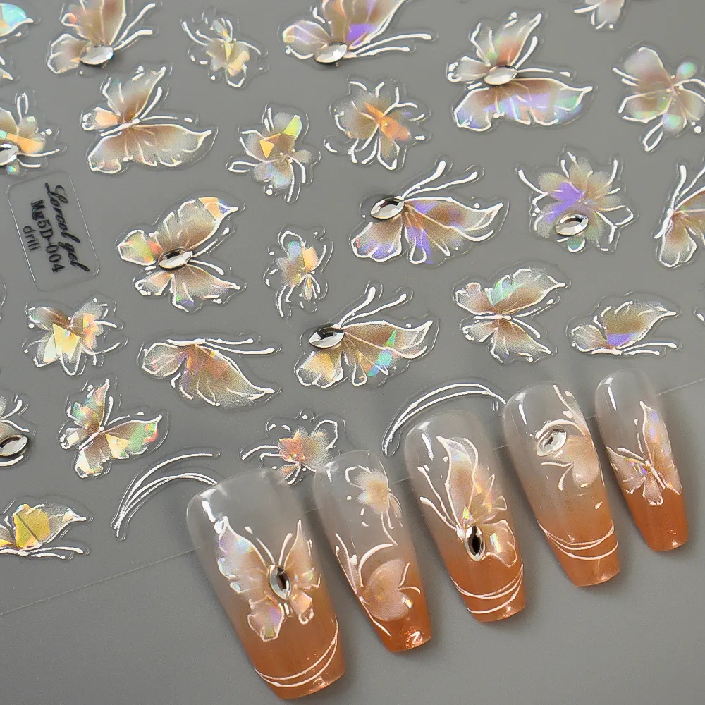 מדבקת אמנות ציפורניים בדוגמת פרפר בלייזר קישוטי ציפורניים דביקים בעצמם מדבקת ציפורניים פרפר יוקרה תלת מימדית
