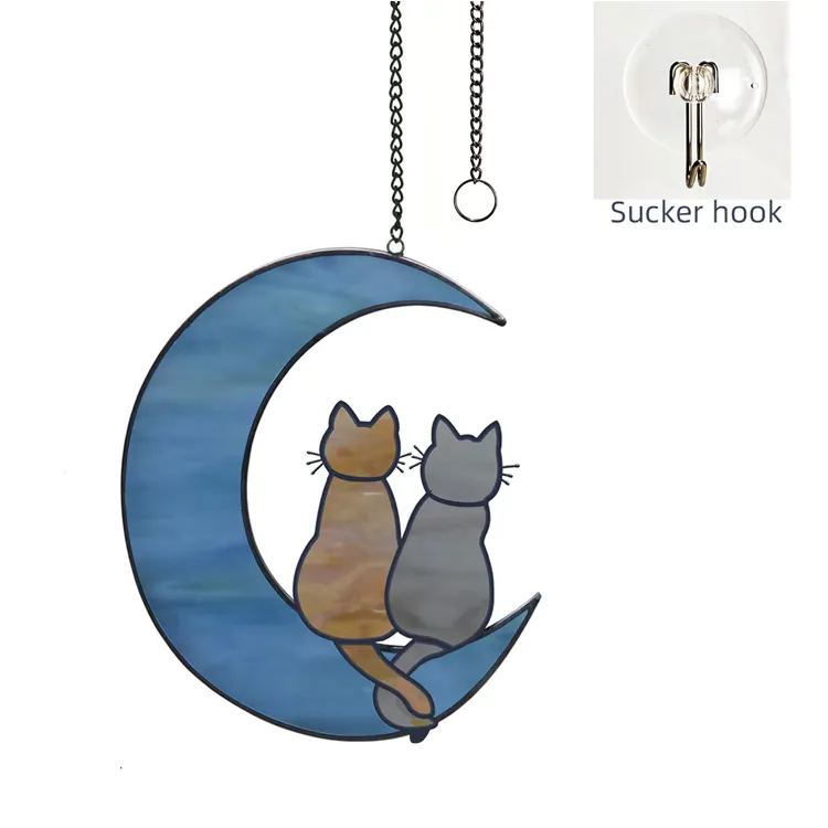 Tabby Cat Suncatchers Decor for Cat Lovers Handcrafted Stained Glass Window Hangings for Cats on Moon Decoration Glass Ornament