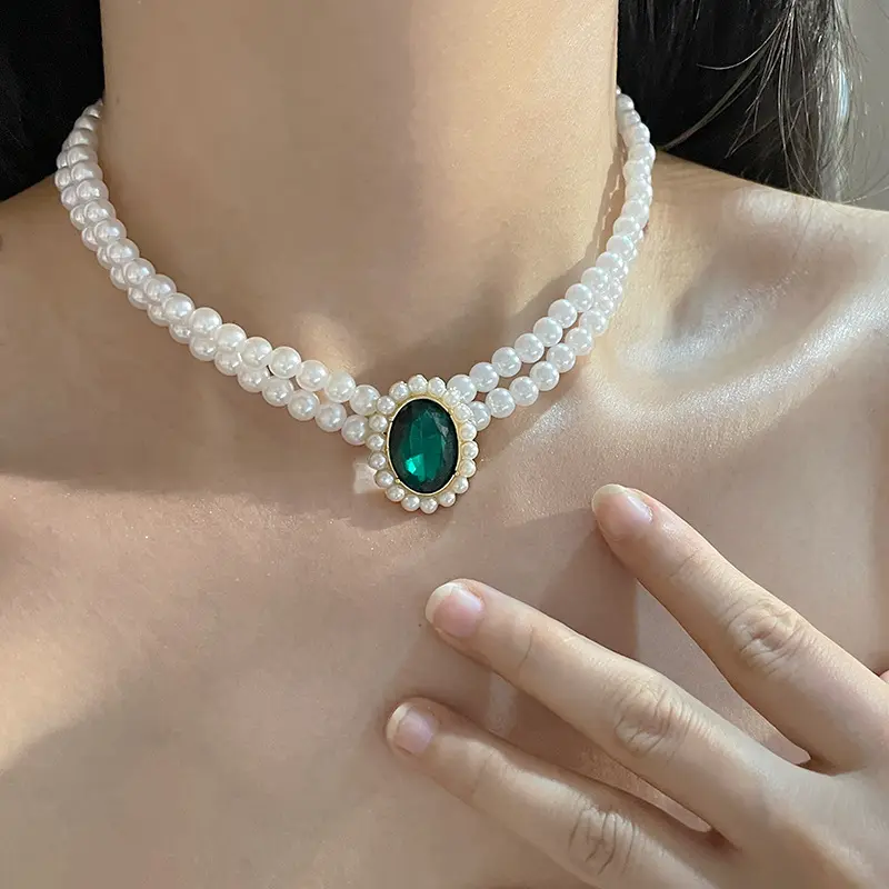 Moda Vintage elegante collar de perlas de doble capa piedra preciosa Stud pendiente verde esmeralda colgante collar conjuntos para mujer fiesta