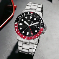 Montre de sport GMT en gros pour hommes, rouge et noir, avec lunette rotative, affichage de la date, en acier inoxydable, logo personnalisé, montre-bracelet FS