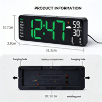 Horloge météo murale électrique multicolores avec affichage LED à grands chiffres, semaine, date, température, humidité, 12 pouces, Reloj