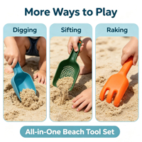 TOMMABO Ensemble d'outils de plage 3-en-1 pour enfants, 3 pièces : pelle à sable, tamis et râteau, jouets d'extérieur pour la plage et la boîte à sable
