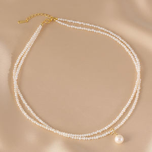 Collier à perles fines en argent 925 plaqué or 18 carats pour femme, double chaîne de pull, style vintage, mariage, fiançailles - Product Image 1