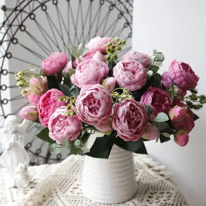 1バンドルシルク牡丹ブーケ家の装飾アクセサリー結婚披露宴スクラップブック偽の植物Diyポンポン人工バラの花