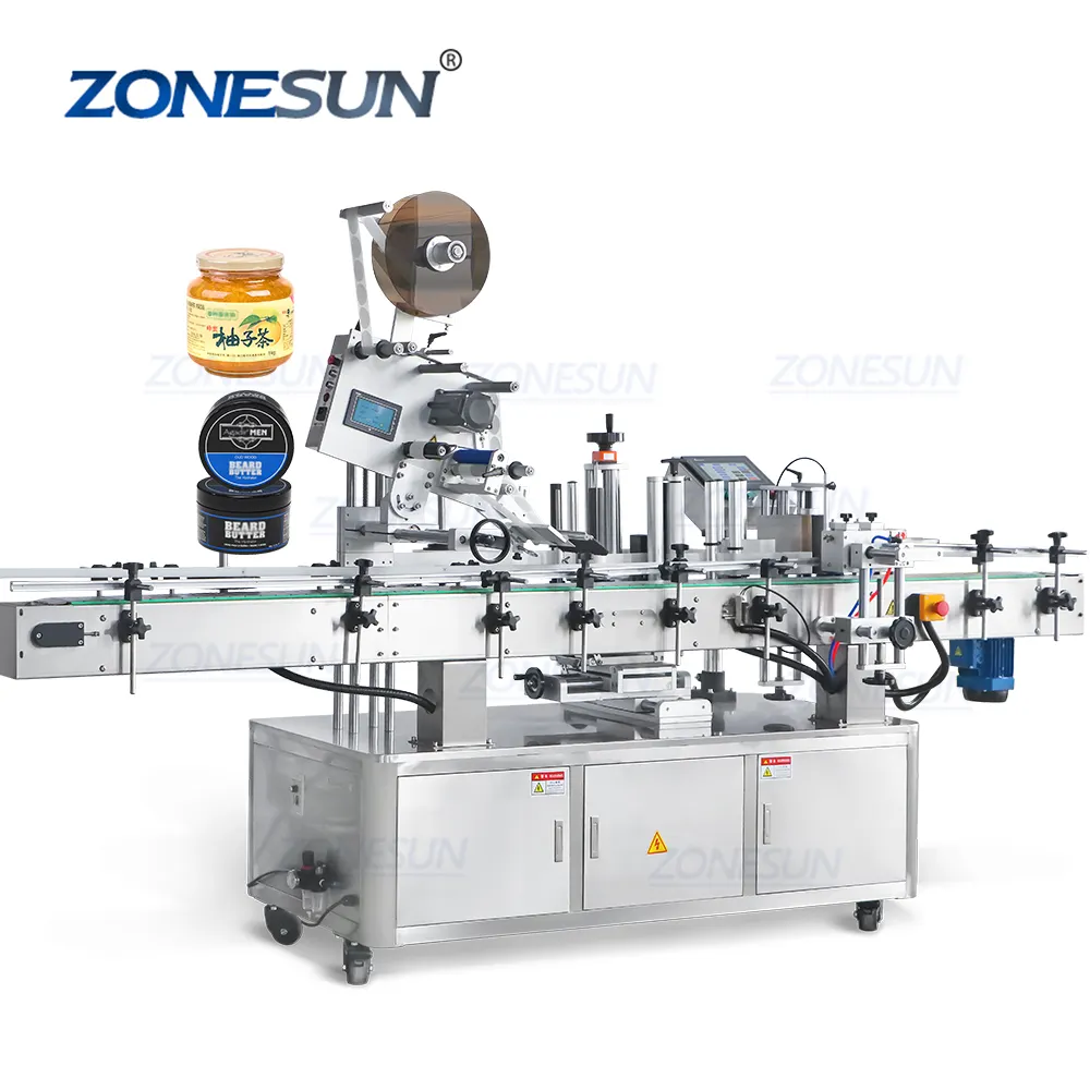 ZONESUN ZS-TB822P Vertical Round Bottle Jar Labeling Machine With Top Label Applicator Machine