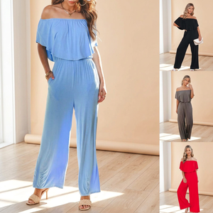 Combinaison longue décontractée pour femme, col rond, taille mi-haute, coupe régulière, couleur unie, séchage rapide, avec poches, idéale pour l'été et la plage - Product Image 3