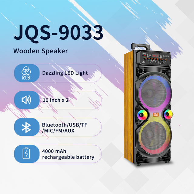2024 New Arrival 60W Big Powerful Double 10 Inch Wooden Speaker With Two Wireless Mic 4000mah Wood Outdoor Audio JQS9033