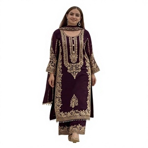 WINE Traditional <b>Indian</b> Pakistani Women's <b>Kurta</b> Set With Gold Embroidery And Dupatta Ankle-Length Party Wear - Product Image 1