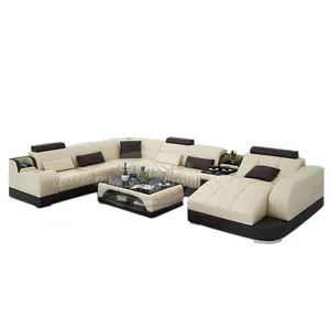 Chinese Factory Home Use High-End Elegant Genuine Leather Sofa 7 Seater with Wavy Chaise