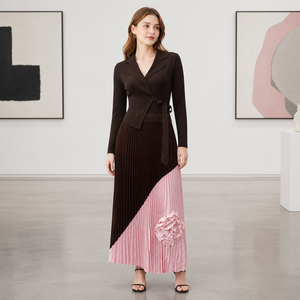 Vestido de Mujer de Buena Calidad, Estilo Blazer, Apliques Florales en 3D, Cintura Cruzada, Vestido Maxi con Bloques de Color, Vestido Plisado Miyake - Product Image 3
