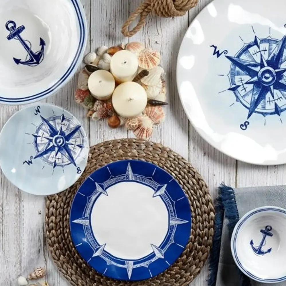 Seafarer Compass Rose Ruffle Melamine Dinnerware Sets with Plate Bowl