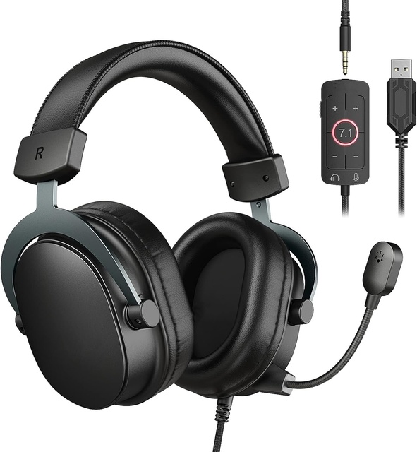 Game Headset, USB Headset with 7.1 Surround Sound, Detachable Microphone, Control Box, 3.5mm Headphone Jack.