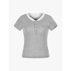 Daily Streetwear Coffee Shop Korean Minimalist Style Contrast Placket Slim Fit Women's Short Sleeve T-shirt - Product Image 1