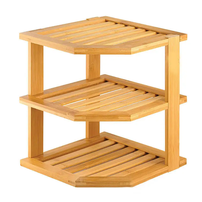 3 Tier Corner Shelf Bamboo Storage Rack Bathroom Seasoning Triangle Kitchen Bamboo Wood Corner Corner Plate Rack