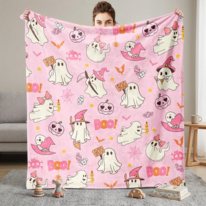Pink Cartoon Ghost Raschel <b>Blanket</b> Plush Soft Anti-Pilling Rectangular Home Decor Autumn Style Printed Throw Cover - Product Image 1