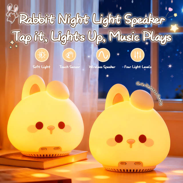 Custom LOGO RGB Tap Rabbit Night Light White Noise Cute Animal Bedside Silicone Touch Lamp Room Kids Rabbit Night Light Speaker