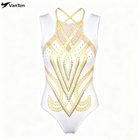 Magnifique justaucorps de gymnastique et de danse pour filles, sans manches, blanc, en spandex, orné de strass dorés, style mystique, pour l'entraînement