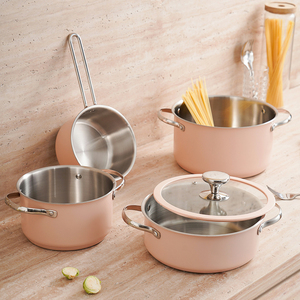 9pcs Stainless Steel <strong>Pot</strong> Set, Including 1 Milk <strong>Pot</strong>, 2 Stockpots, 1 Non-stick Pan, 4 LIDS and 1 Steamer Pink - Product Image 4