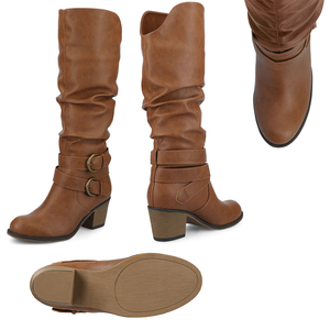 Women Genuine Leather <strong>Brown</strong> Round Toe square <strong>Heel</strong> Buckle Strap Slip-on Knee High <strong>Boots</strong> - Product Image 2