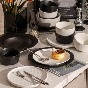 Ensemble de vaisselle en céramique à grain de pierre noire et blanche japonaise, <span class=keywords><strong>assiette</strong></span> et bol, pour la maison, l'hôtel, le restaurant, les fêtes, vaisselle en porcelaine pour steak, salade, dîner - Product Image 3