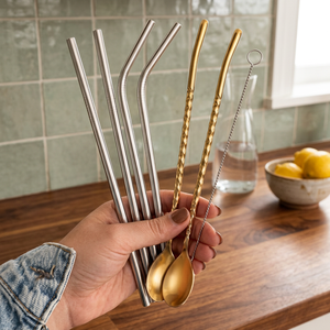 Metal <b>Drinking</b> <b>Straws</b> Set of 5 Reusable Stainless Steel Bar Accessories Minimalist Design Gold and Silver Tones - Product Image 5