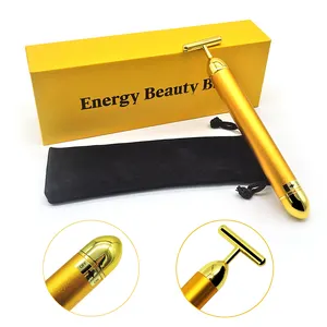 24k Gold T Shape Energy Beauty Bar Custom Logo Facial Lifting Roller Skin Massage Anti Aging Electric Vibrating Face Roller