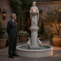 Fontaine en marbre grec de fabrication industrielle, sculpture Domus, avec motif flamme et couronne, bol à eau et décoration dauphin, pour Villa, Hôtel, Parc, Place