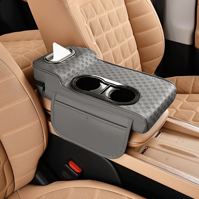 2025 New Universal Car Interior Accessory Car Armrest Box Mat Tissue Storage Box Leather Car Armrest Box with Double Cup Holder