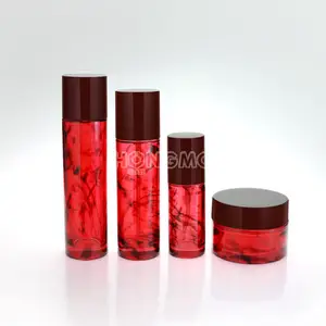 Luxury Customized Red Colored Glass Lotion Bottle Pump Bottles And Glass Jars For Cosmetic Skincare Lines Packaging