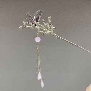 Horquilla de metal estilo chino con flor, libélula y diamantes de imitación, pasador de pelo con borla, accesorios para el cabello, tocado - Product Image 4