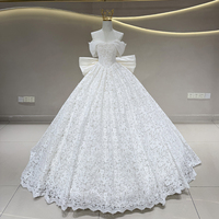 Robe de mariée Jancember JFH121 à épaules dénudées en dentelle avec nœud sur le dos, manches drapées et jupe en dentelle pour la mariée