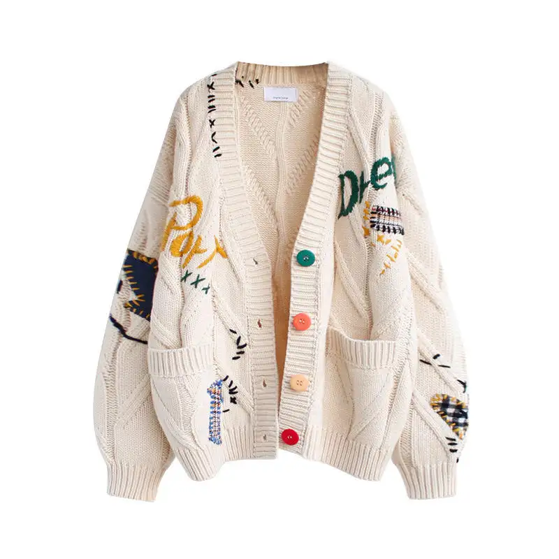 Oversize Knitted Embroidery Ladies With Pockets Jacquard Loose Custom Women Girls Cardigans Sweater