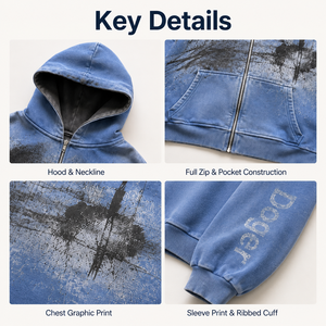 Felpa con Cappuccio Personalizzata OEM, Zip Corta, Effetto Lavaggio Acido, Stampa <span class=keywords><strong>Grafica</strong></span> Astratta a Schizzi d'Inchiostro, Ricamo sulle Maniche, Streetwear Casual - Product Image 3