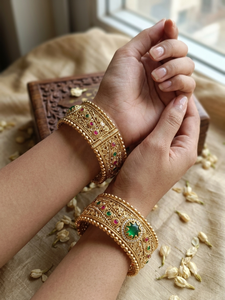 DIVYORO Designer Royal Antique Gold Bangle with Intricate Filigree Craftsmanship and <b>Ruby</b>-Emerald Accents Traditional Indian - Product Image 4