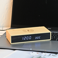 Reloj Despertador Digital LED de Bambú con Cargador Inalámbrico, 3 Niveles de Brillo y Temperatura Ajustables, para Dormitorio u Oficina, en Promoción