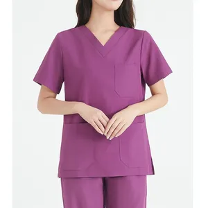 2 pcs/Set Nurse Uniform Suit Solid Color Short Sleeve Elastic Waist Ankle Band Hospital Work For Medical Staff