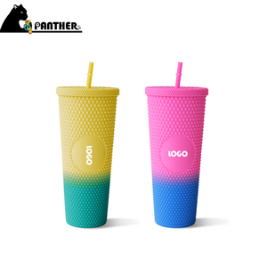 Customized Logo Gift Drink Cup Sports Water Bottle Double Walled Plastic Contrast Colors 24oz Tumbler with Straw Bulk
