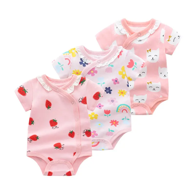 Baby Clothing Set Oem Custom Baby Clothes 100 % Cotton Solid Color Short Sleeve Baby Bodysuit Spring Summer Romper for Girls
