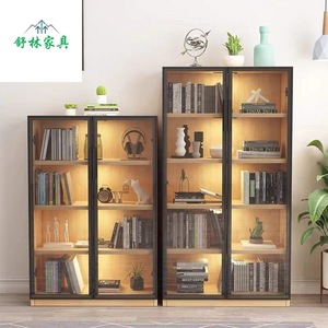 Shulin Modern <b>Solid</b> <b>Wood</b> <b>Bookcase</b> With Glass Doors Adjustable Shelves Illuminated Storage Cabinet For Home Office - Product Image 1